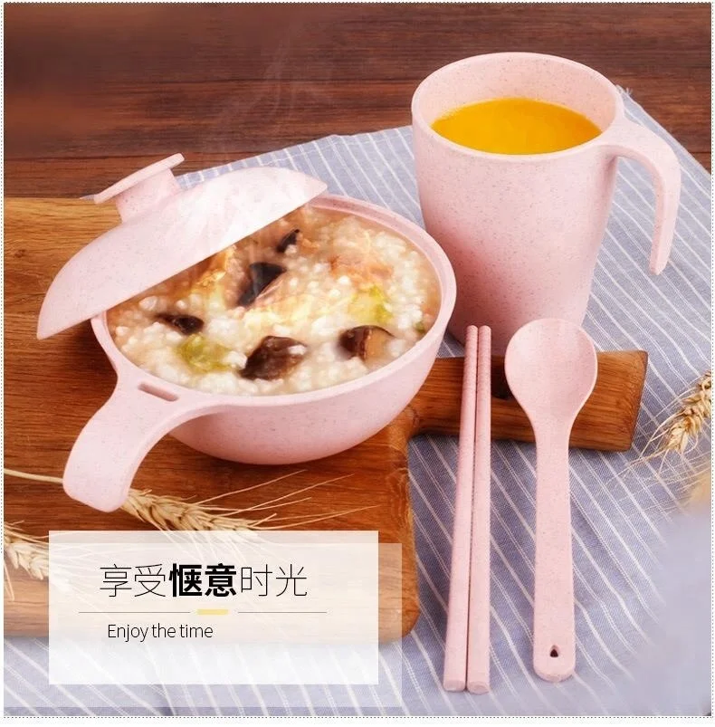 Eco-friendly Baby Child Bowl Spoon Chopsticks Cup Dinnerware Healthy Wheat Straw Children Tableware Set