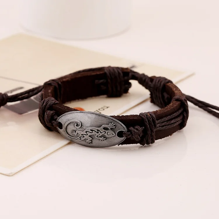 Alloy Rope Man Women Make Leather Wrap Wristband Handwoven Cowhide Bracelet Simple Multi-layer Gecko Pattern