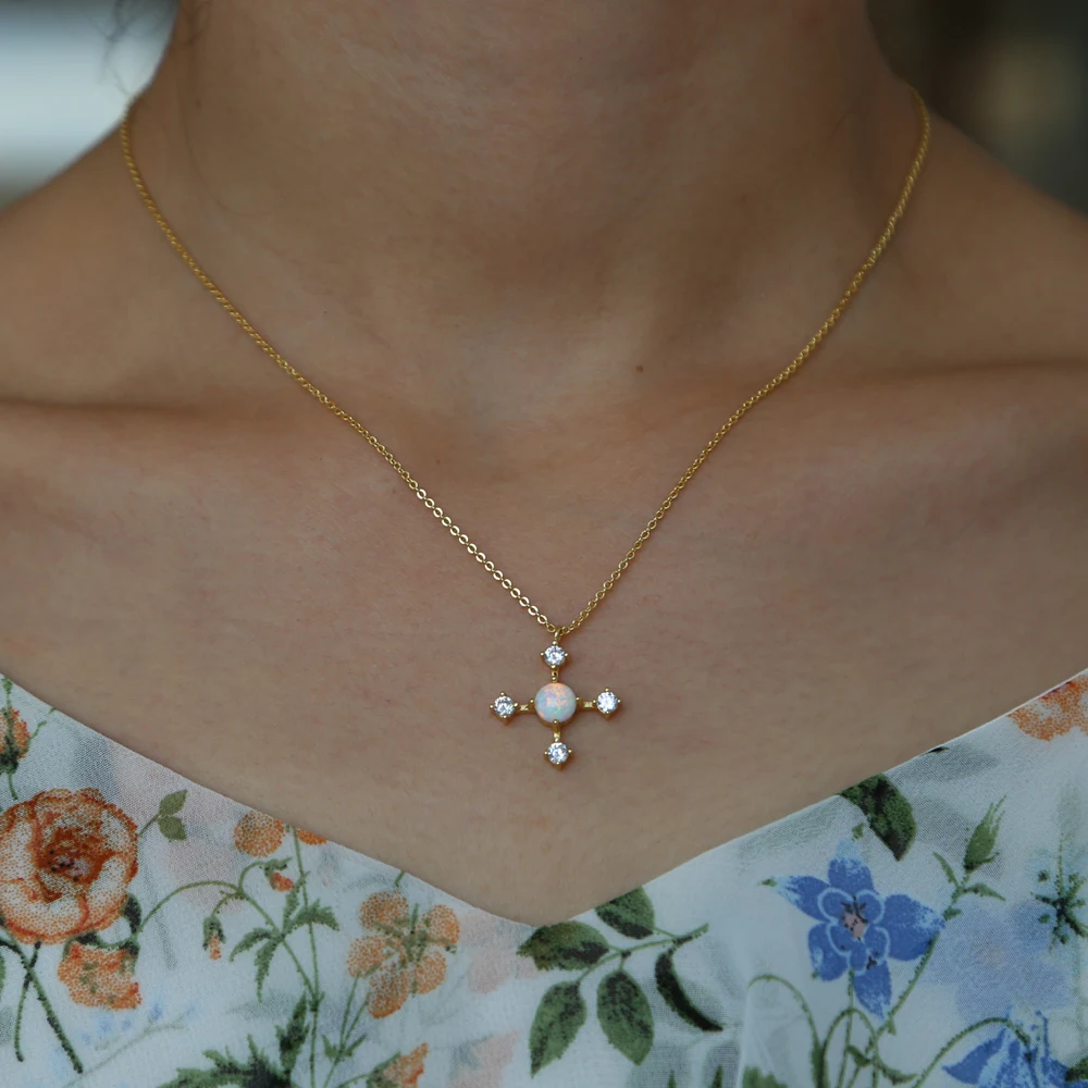New fashion beautiful opal cross pendant necklace with CZ paved tiny link chain cross charm wedding women jewelry