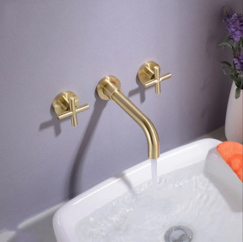 
2019 New Copper Brushed Gold Brushed Rose Gold Dark Wall-mounted Three-hole Bathroom Basin Faucet Hot and Cold Water Faucet 
