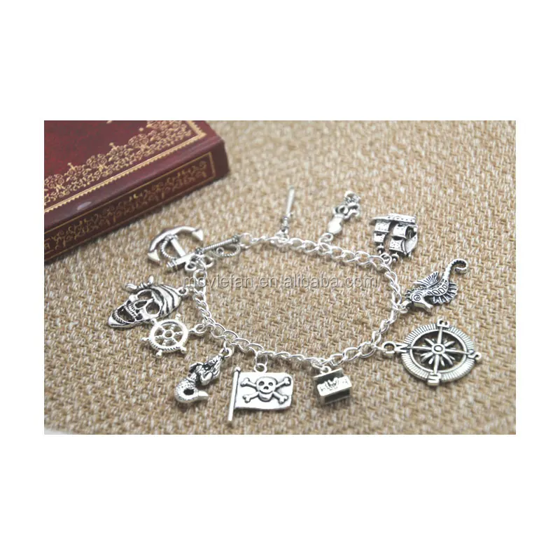 Pirates of the Caribbean Inspired Charm Bracelet: Sword, Squid, Ship, Seahorse, Pirate Flap, and Mermaid Charms