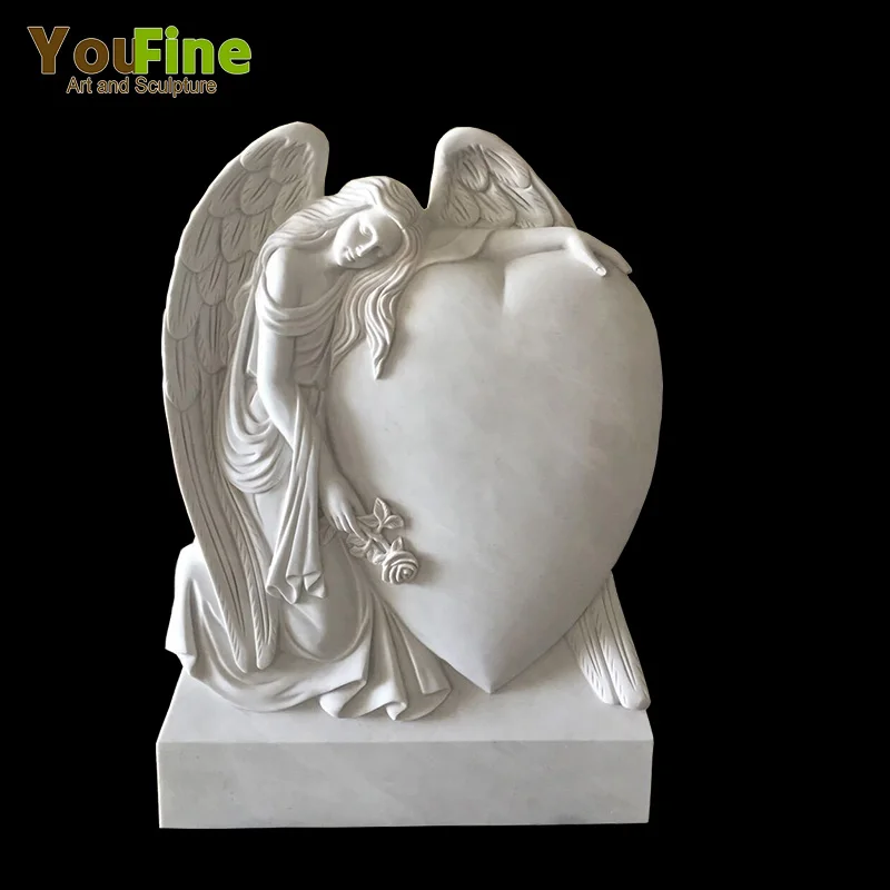 White Marble Monument Headstone with Angel Wings