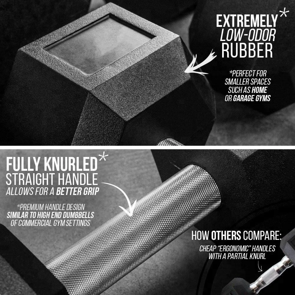 Superior Quality with Low Odor and Fully Knurled Handle Rubber Hex Dumbbells