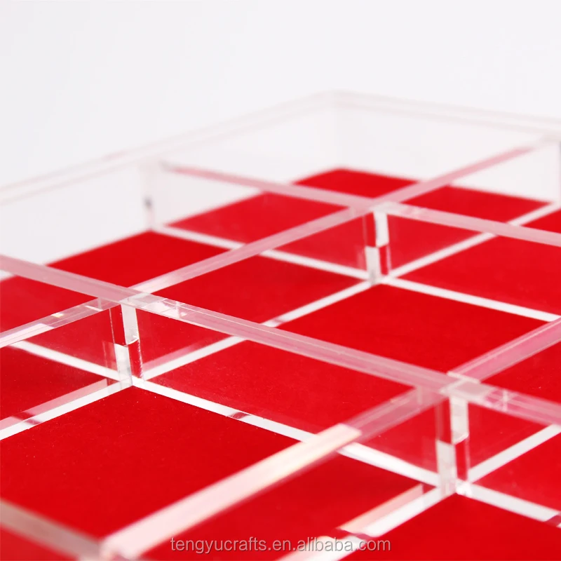 cube square plexiglass lucite large counter display case / acrylic gem jewelry display box with dividers red pad
