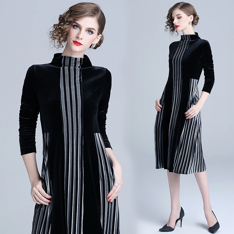 Wholesale In Stock Elegant Women Fashion Turtleneck Long Sleeve Vertical Stripes Patchwork Long Velvet Dress