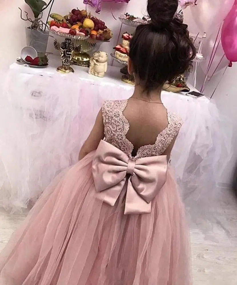 ZH0844X 2019 Pink Flower Girls Dresses Sheer Jewel Neck Sleeveless Lace Appliques Girl Pageant Gowns Birthday Dresses With Bow
