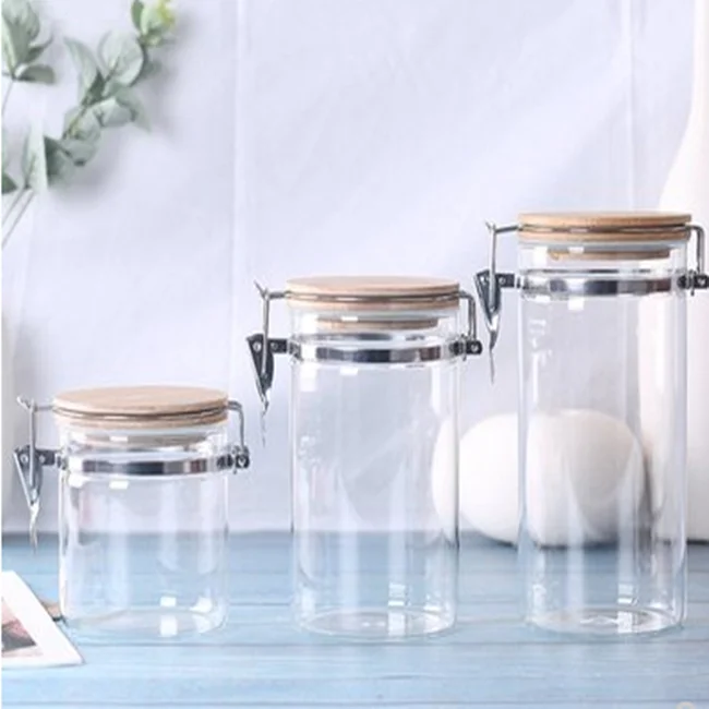 high  borosilicate glass jar with metal clip lid for kitchen glass storage jar