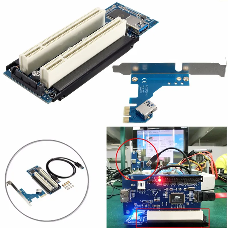 PCIe x1 x4 x8 x16 to Dual PCI slots adapter pci express to 2 pci card With USB 3.0 Extender Cable for serial parallel sound card