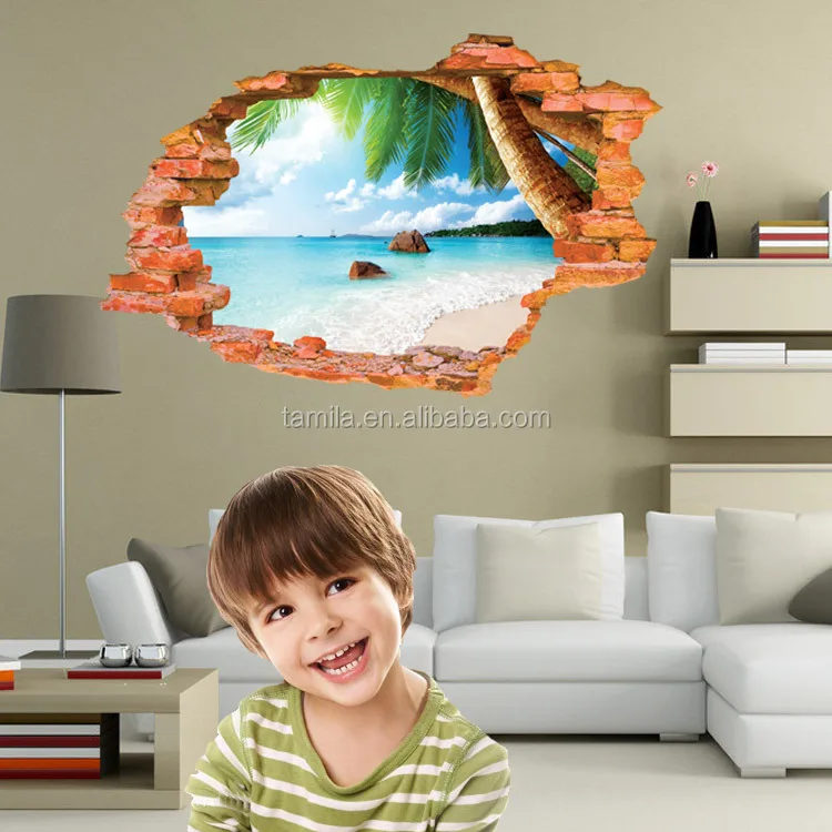 Window 3D Beach View Flowers Sea Wall Stickers art Mural Decal Wallpaper