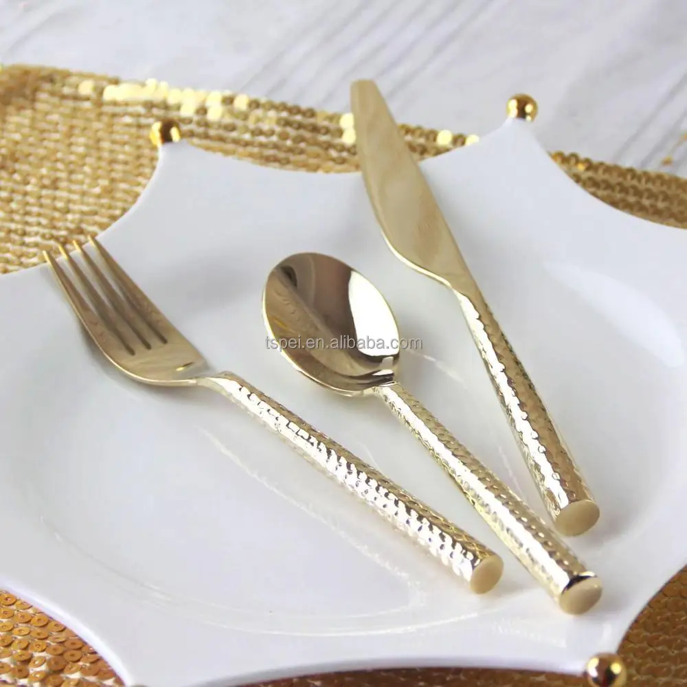 
Flatware Stainless steel 4 piece gold plating hammer cutlery with round handle Set Restaurant home wedding party Dinnerware set 