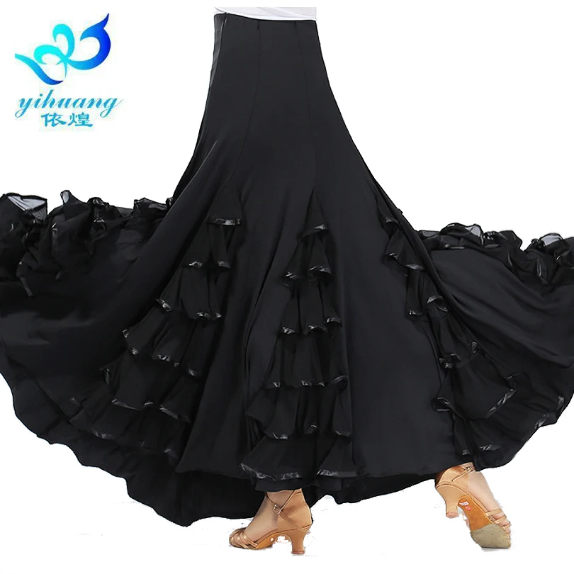 Wholesale Customized Women Girls Long Black Ballroom Dance Skirt Waltz Performance Wear
