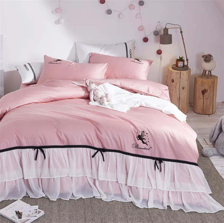 
Bettyfly ties Teen Girls Embroidery Cartoon, 100% Cotton Princess Lace Duvet Set, Kids Bedding Sets Pink Twin Size 