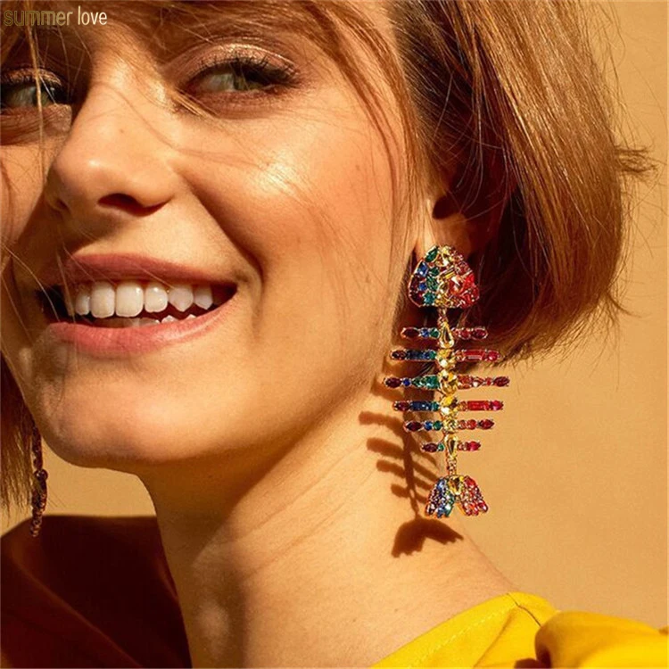 Unique Design Boho Colorful Fish Crab Flower Parrot Bird Tassel Drop Dangle Statement Crystal Earring For Bridal Wedding Jewelry