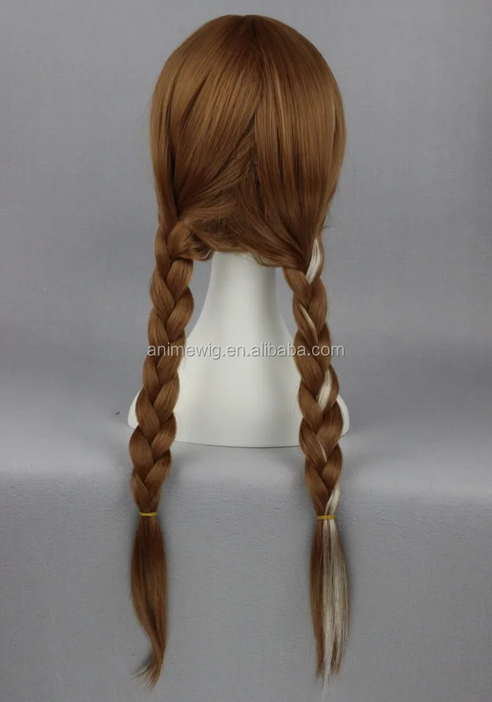 High Quality 55cm Long Brown Mixed Frozen Anna Wig Cosplay Synthetic AnimeTwo Braids Hair Cosplay Wig For Party