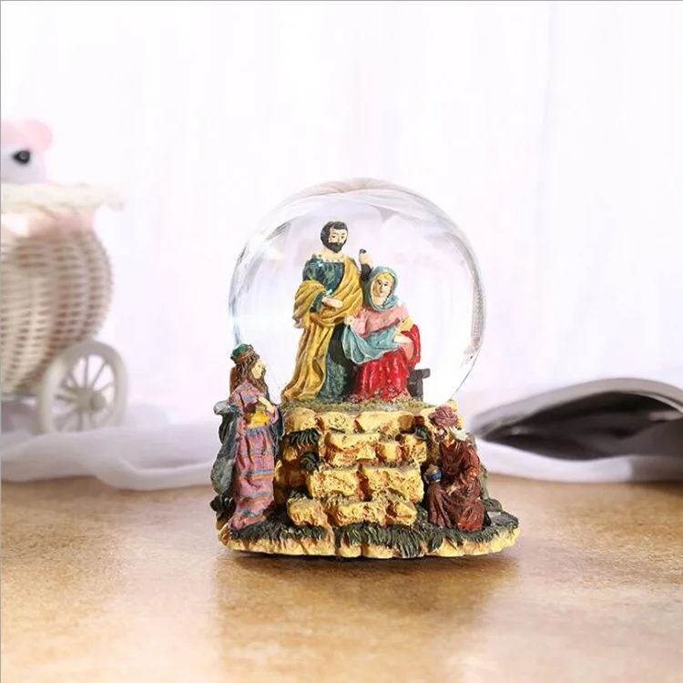 Custom wind up Music Box glass Dome Nativity Snow Globe with blowing snow