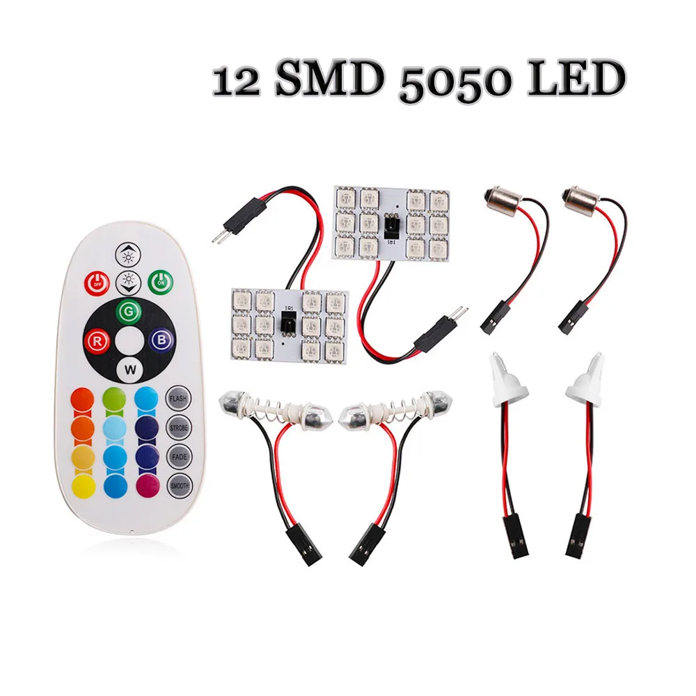 T10 RGB 5050 12 SMD 15 24 36 remote control Rgb car led panel interior Auto lights Reading Dome Festoon BA9S Adapter 12V