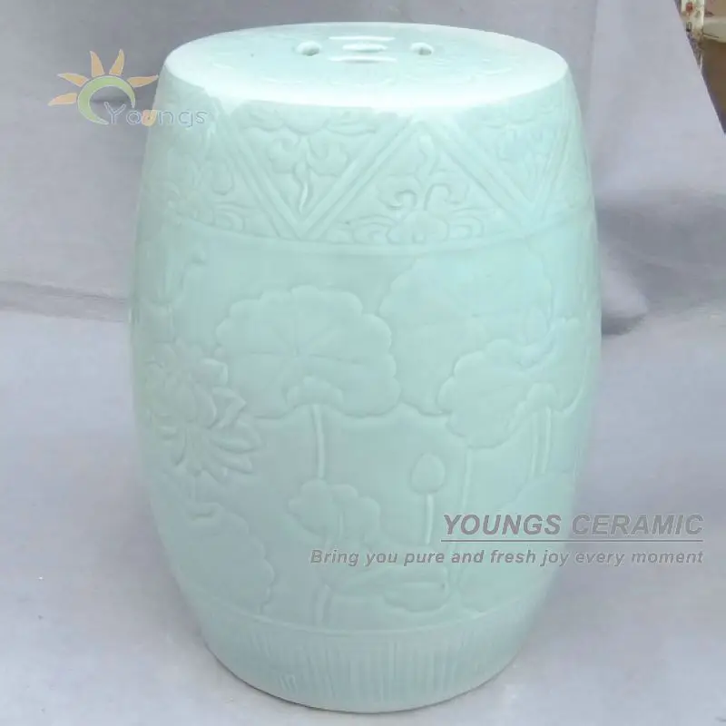 Antique light green HAND CARVED Flower design ceramic porcelain round ottoman bed end stool