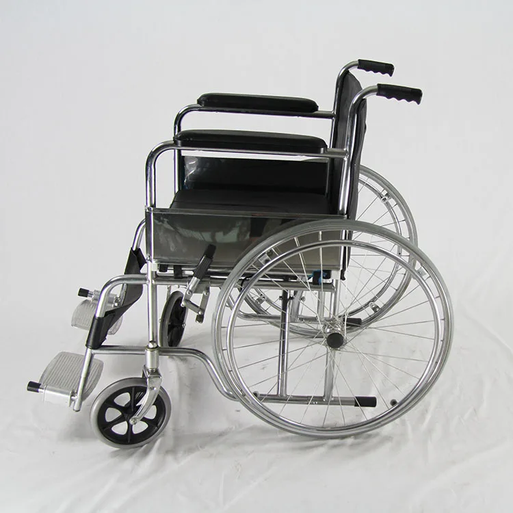 Folding commode wheelchair with leather U shape seat with bucket
