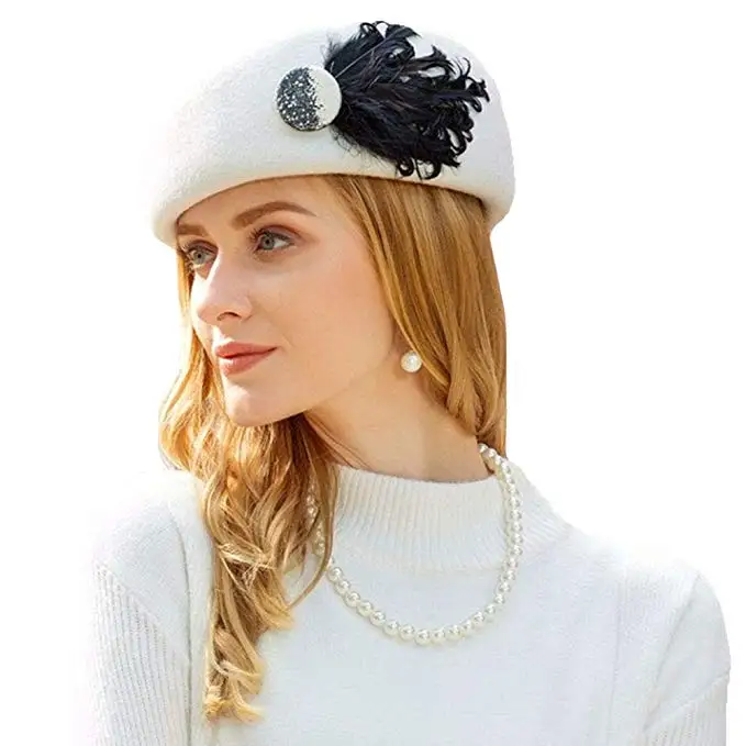 Black White British French Artist Feather Femme Stewardess Berets Hats Fedoras Ladies Wool Beret Cap Hats For Women Wholesale