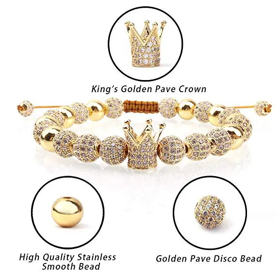 High Quality Luxury CZ Pave Crown Real Gold Plated Queen&King Crown Charm Bead Macrame Couple Bracelet For Women Men
