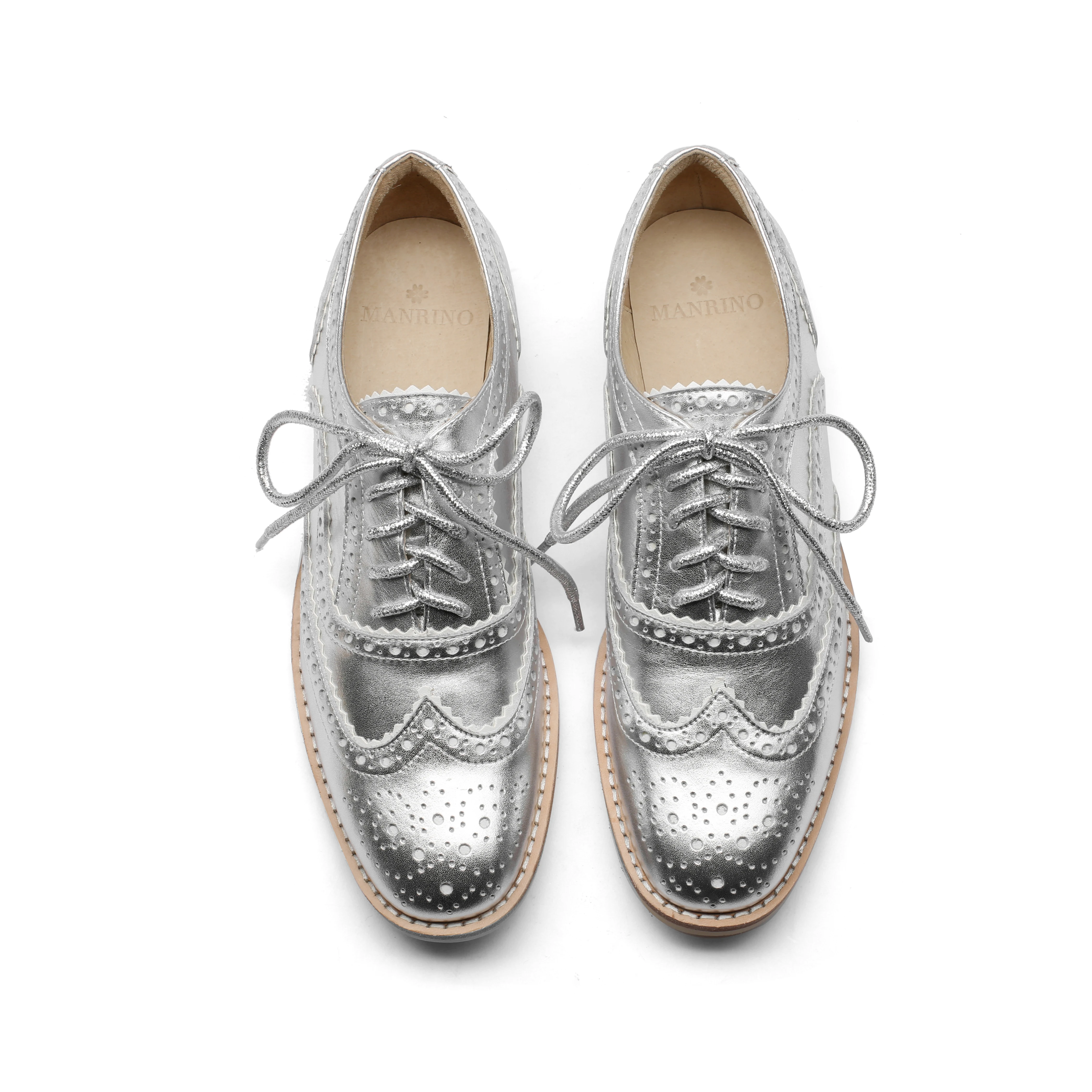 
MANRINO-058-2 British Ladies Lace Up Metallic Silver Women Flat Cow Leather Oxford Shoes 