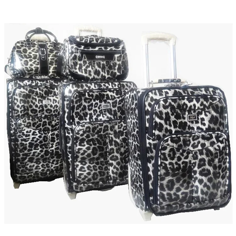 pu leather rolling spinner suitcase leopard 4 wheels 5pcs trolley case