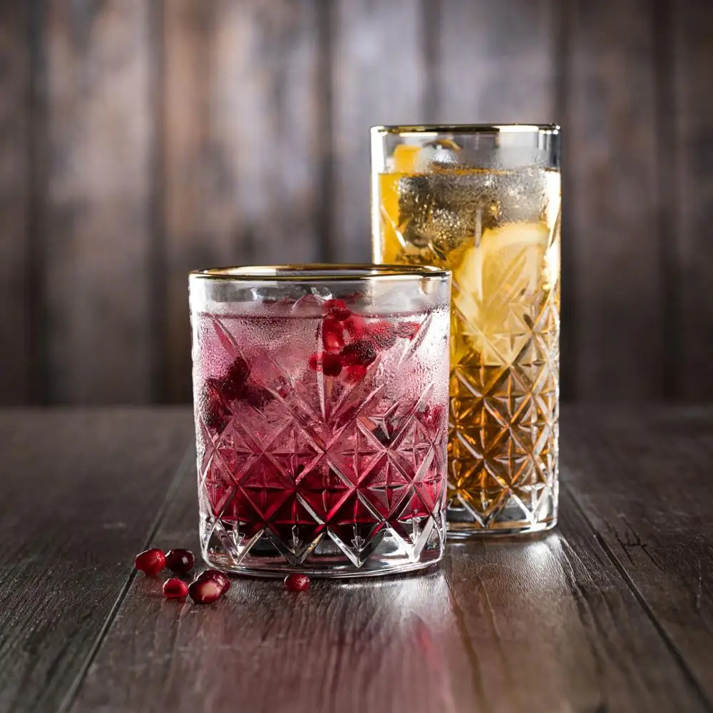 Decorative Double Old Fashioned Tumblers Gold Rim 12.5oz / 355ml