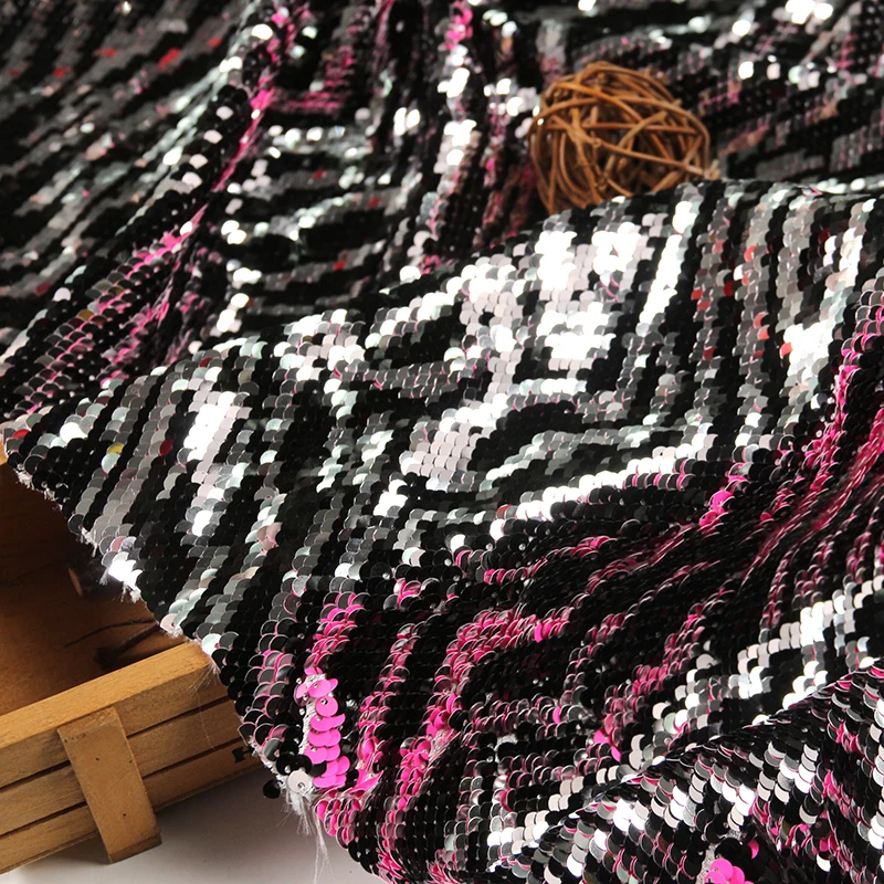 China sells polyester black and white zebra stripes pattern sequin color changing fabric