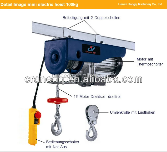PA1000 500kg 1000kg Electrical Winch Electric Wire Rope Sling Mini Hoist With Trolley