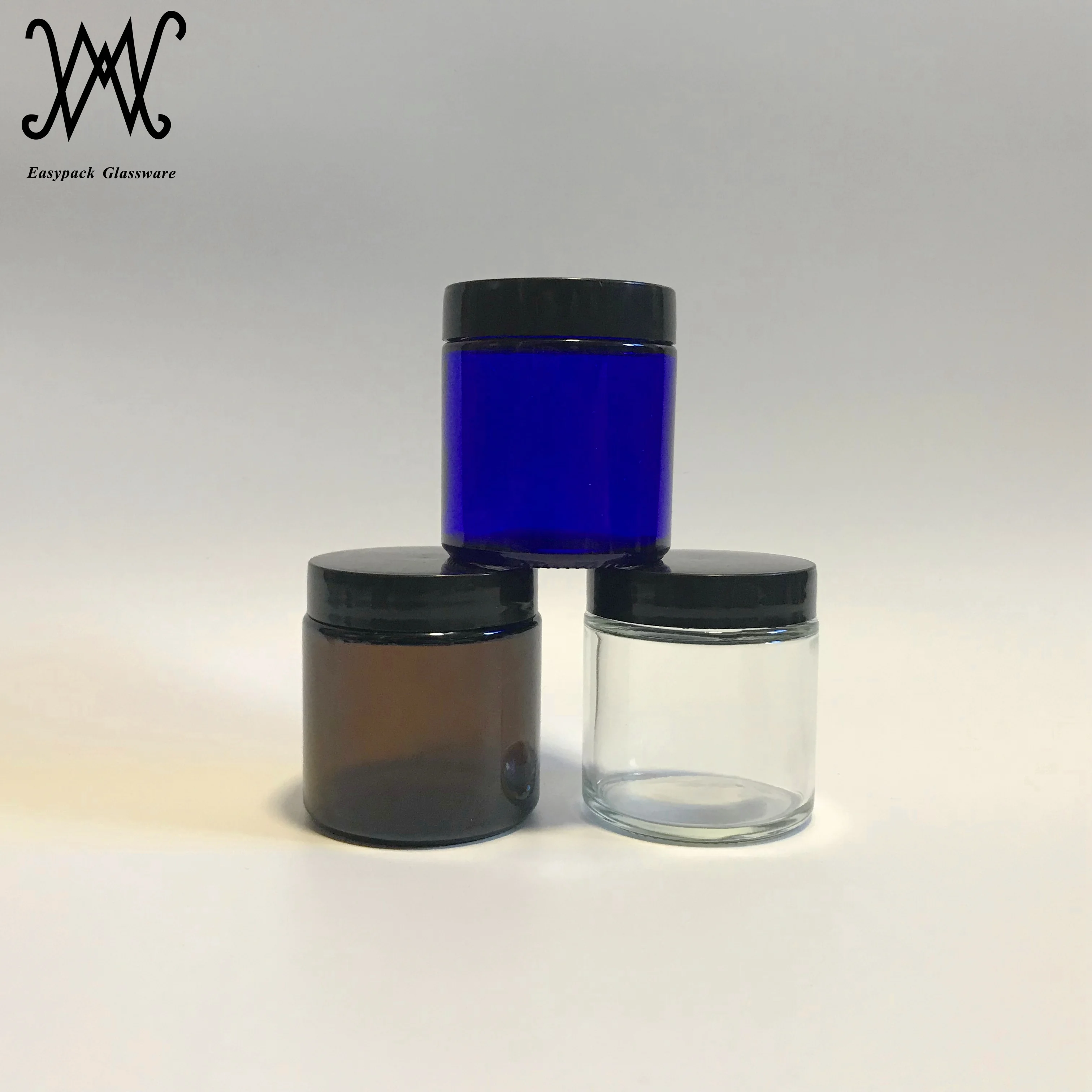 1oz 2oz 4oz 8oz straight sided round amber glass cosmetic jar with black plastic lid BPA free container