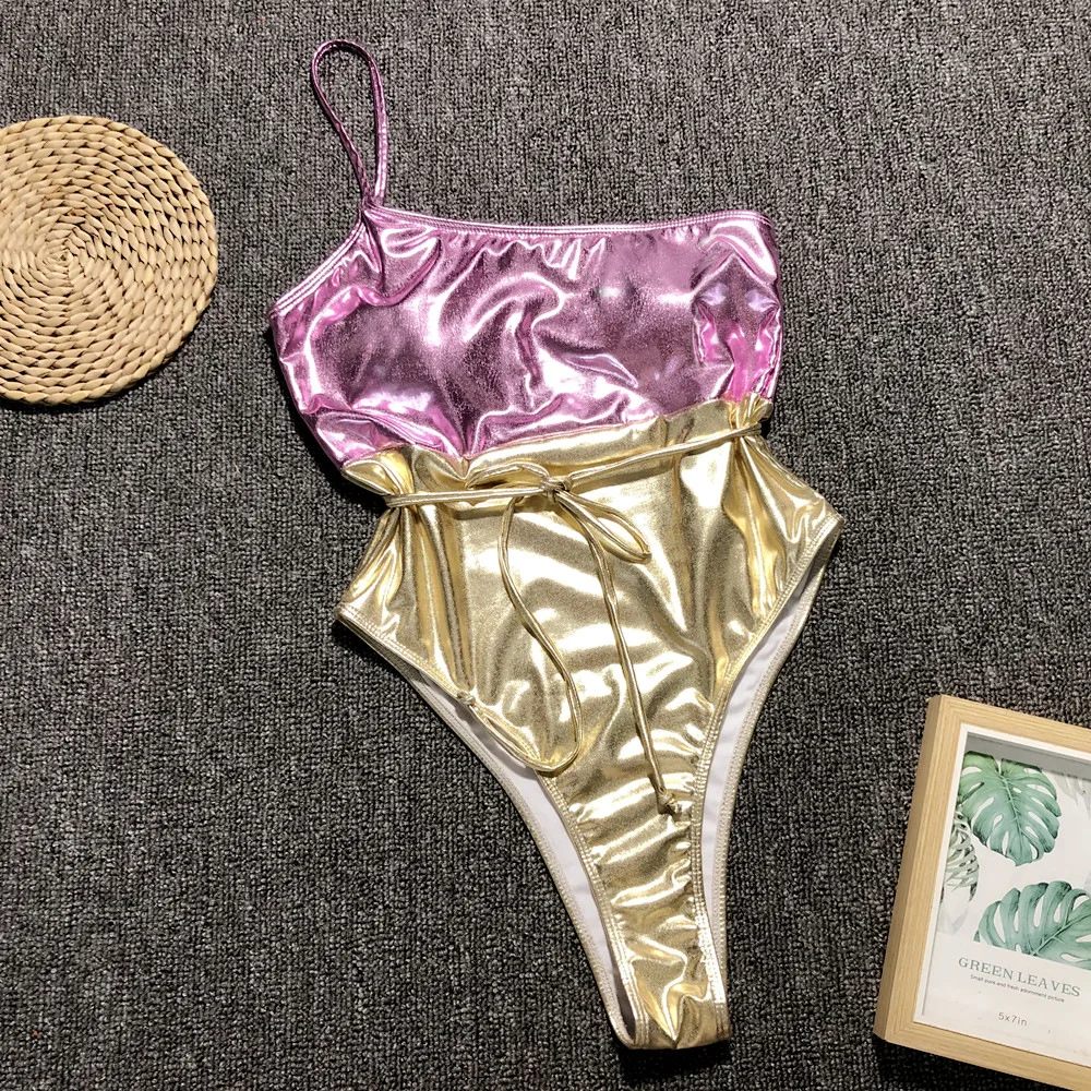 2019 One-shoulder Metallic Matching Swimwear Pink Glitter Bikini