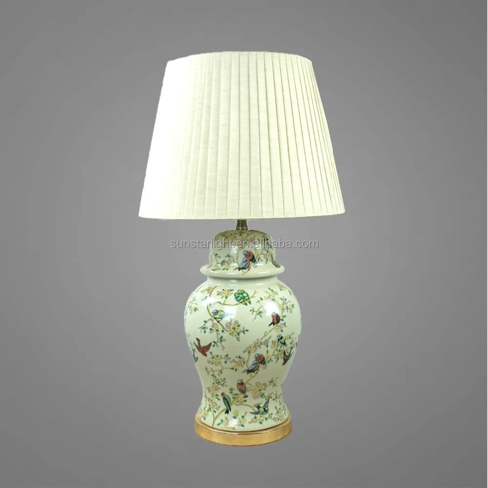Nice Printing On Ceramic Body And Metal Base In Antique Brass With Fabric Lampshade Bedside Table Lamp Decorative Table Lamp