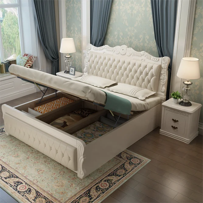 European Luxury royal antique wooden carving bedroom furniture sets genuine leather 5 star hotel bed Customizable