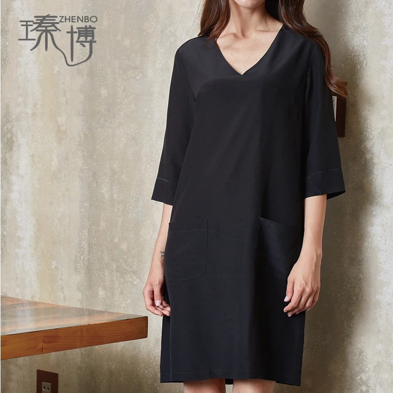 Sale Pure Silk Crepe Stone Washed Basic V Neck A Line Tunic Shirt Dress for female