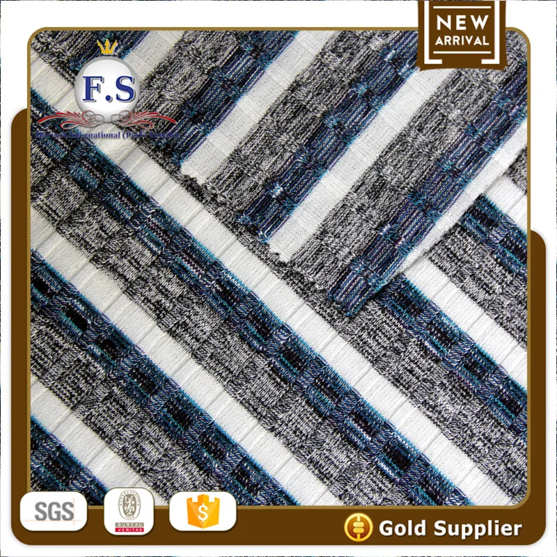 30.5/66.5/3 Rayon/Poly/Spandex blue melange white striped with slub ribbing fabric for sweater