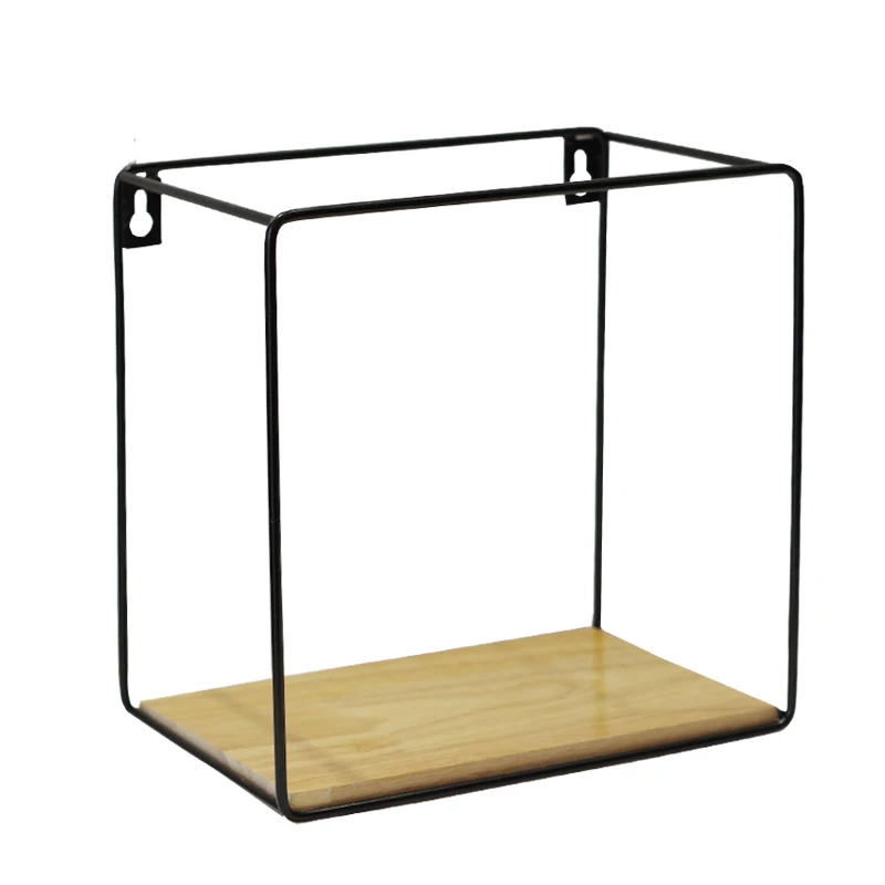 Factory direct black metal wire square wall mounted storage shelf rack with wood