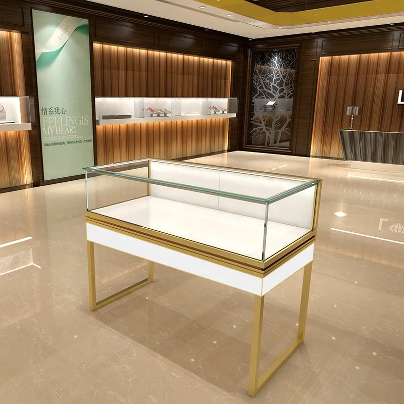 Fashionable Jewelry Stand Showcase Table for Jewellery with Led Strip Light Gold Stainless Steel Jewelry Showcase Furniture