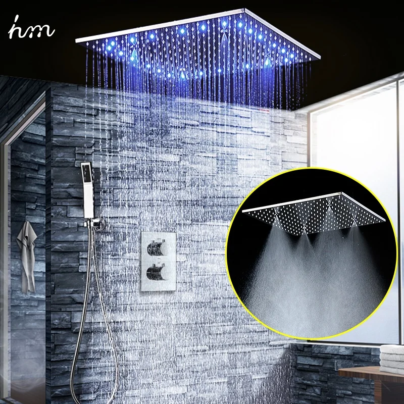 Bathroom Accessories Shower 3 Ways Thermostatic Valve Shower Set With 20 Inches 304ss Rain Mist Shower Head LED Lighting