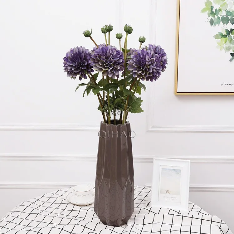 Decorative 2 Heads Silk Pompon Dahlias Pinnata Artificial Dahlia Yellow Chrysanthemum Flowers for Sale