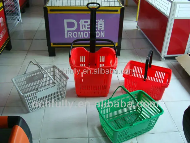 Retail wholesale 40L Stronger Plastic Basket with telescopic trolley handle & 2 wheels