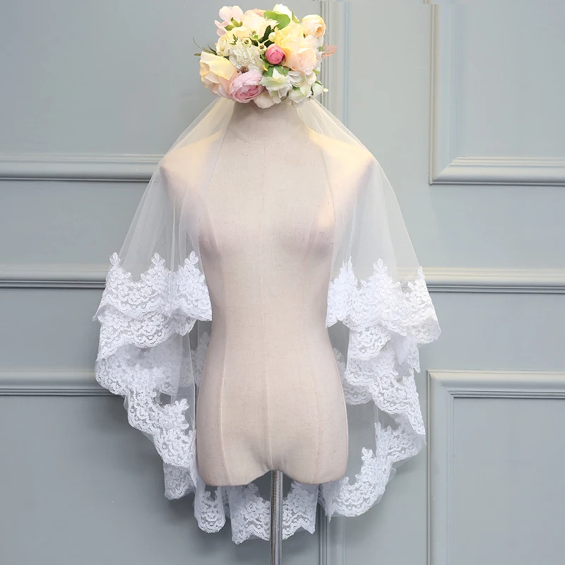 
wholesale top quality short lace two layer Ivory 1.5 meters width 1.5 meters short lace veil for bridal with comb MSVB3 