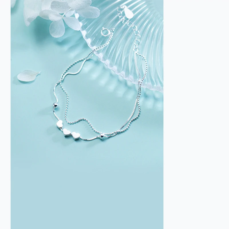 New Style 925 Silver Hand Catenary for Women Simple Fashion Chic Heart Beads Double Layer Bracelets Jewelry