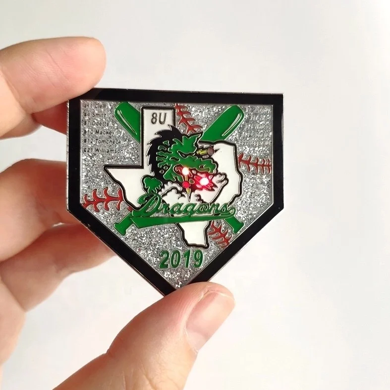 custom metal glittering twinkle softball trading pin with led lights