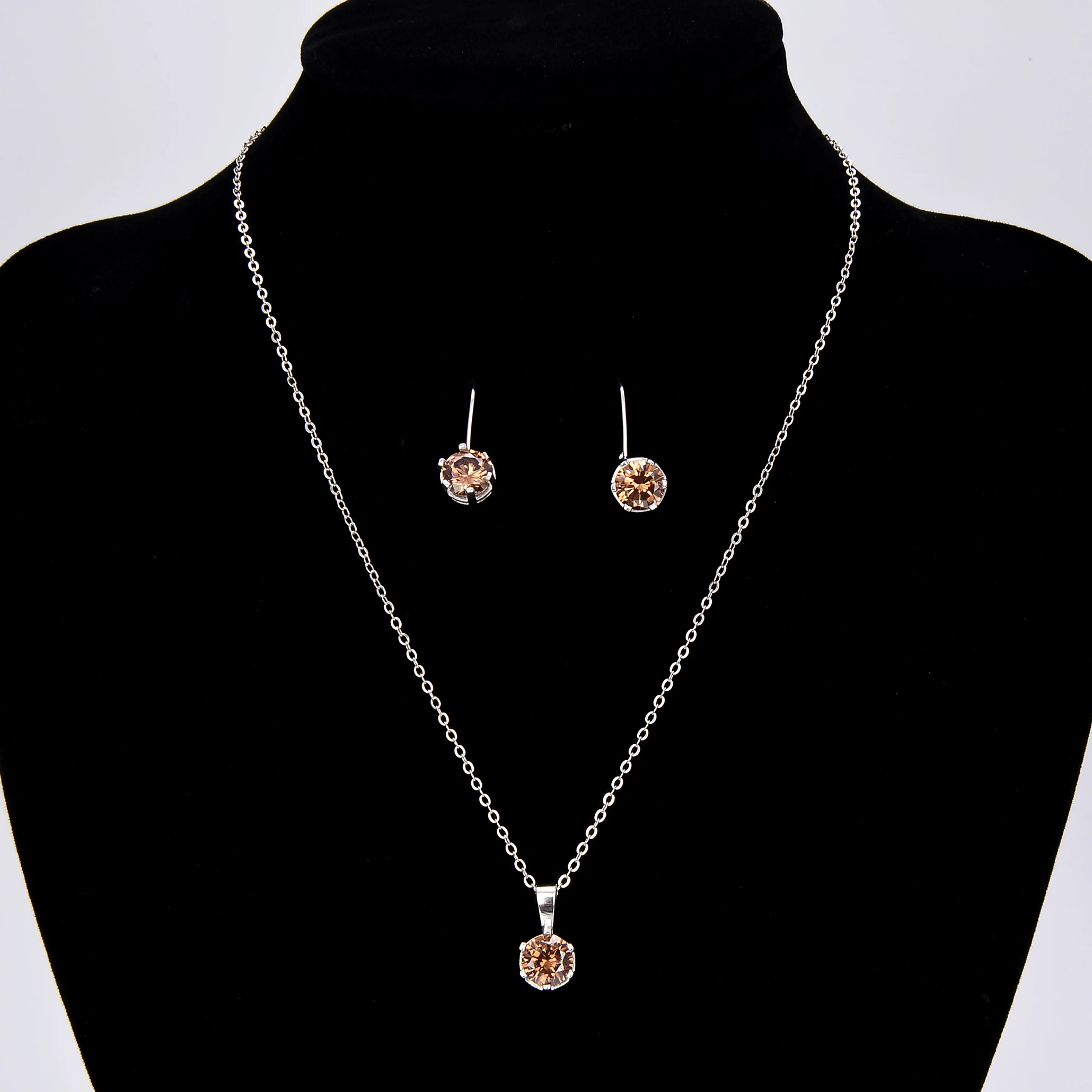 ZHILIAN Jewelry Zircon Set Brown Main Stone Crystal 925 Sterling Silver Jewelry Set