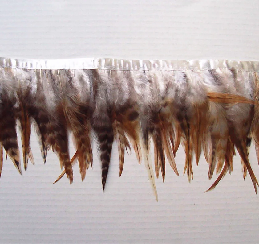 China feather factory wholesale Natural brown grey Grizzly Rooster Saddle feather trim Fringe with satin ribbon tape