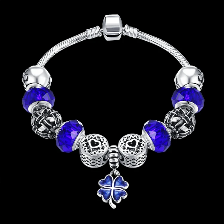Fashion Silver Color Sapphire Glass Beads Bracelet Four Leaf Clover Enamel Metal Charm Bracelet for Women