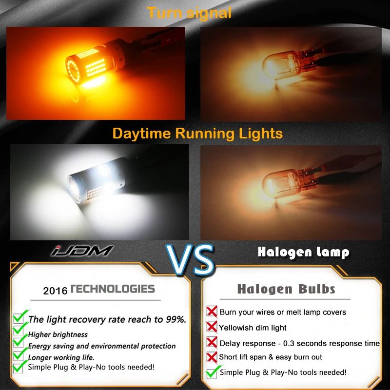 
No Hyper Flash Wholesale 7443 W21/5W T20 LED switchback white/amber LED dual color DRL turn signal light 