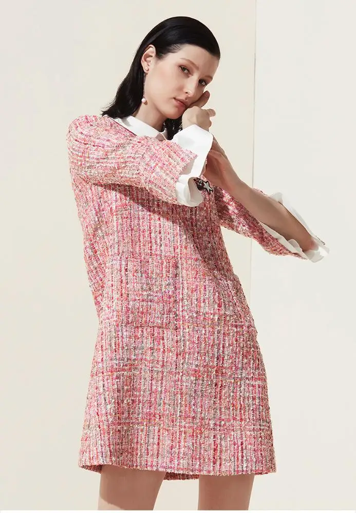Women 3/4 Flare Sleeves Trun-Down  Collare Pink Tweed embroidery Casual Austum Dress