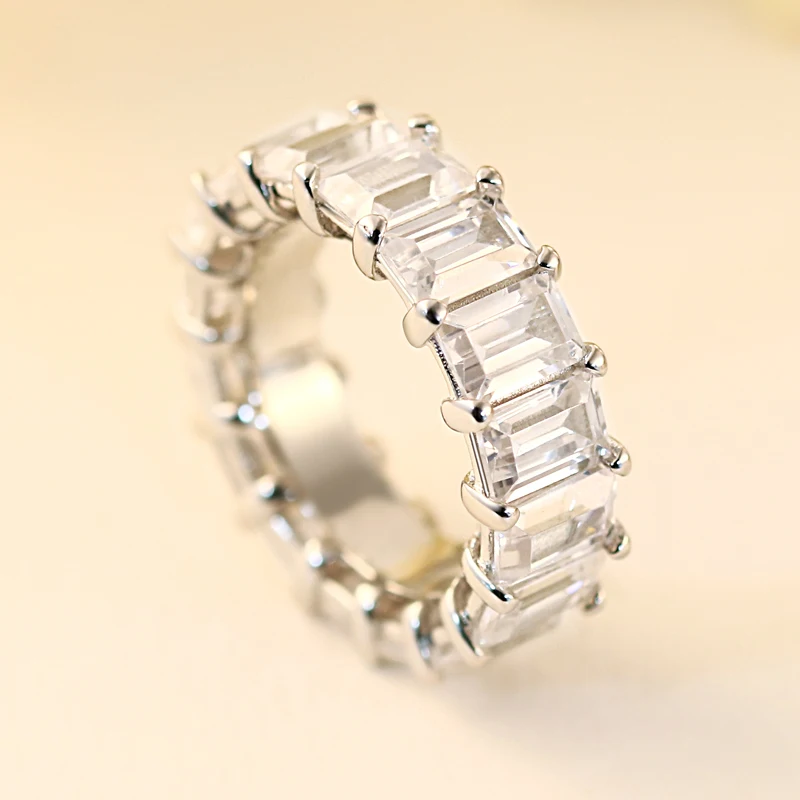 Sterling silver wedding rings big zircons Emerald Cut eternity band ring