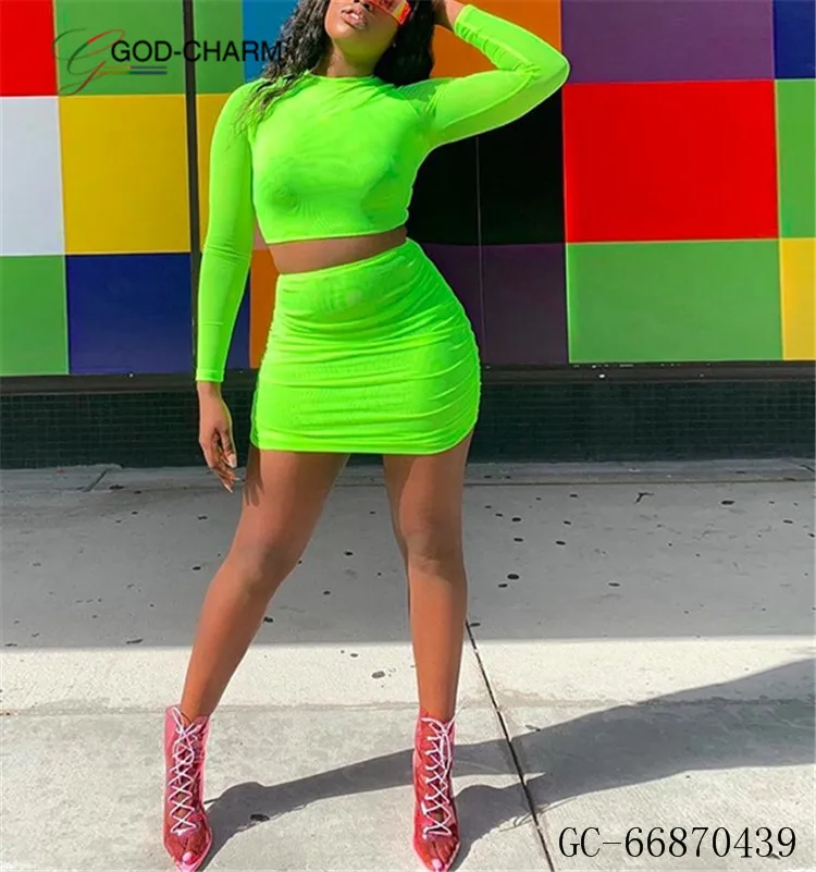*GC-66870439  2022 new arrivals Neon Green Mesh Sexy fashion Crop Top Women 2 Piece Wholesale Matching Sets Club Outfits